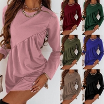 Casual Solid Color Slant Strip Ruched Round Neck Long Sleeve  Mini Dress