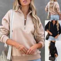 Fashion Solid Color Zipper Stand Collar Long Sleeve Pullover Sweatshirt