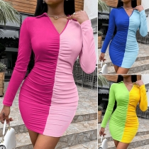 Fashion Contrast Color Ruched V-neck Stand Collar Long Sleeve Bodycon Dress