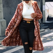 Fashion Geometric Print Long Sleeve Buttoned Hooded Plush Longline Jacket