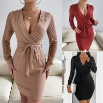 Fashion Solid Color Lace-spliced Long Sleeve V-neck Self-tie Bodycon Wrap Dress