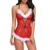 Fashion Contrast Color Plush Spliced Lace Self-tie Lingerie Bodysuit for Christmas