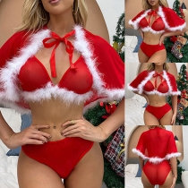 Sexy Plush Spliced Three-piece Lingerie Set consist of Shawl, Bra and Panties