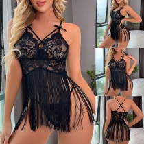 Fashion Solid Color Lace Spliced Tassel Lingerie Dress