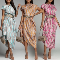 Fashion Contrast Color Printed Irrgular Hemline Midi Dress