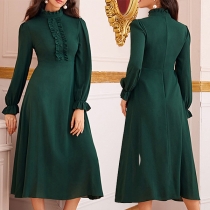 Fashion Solid Color Mock Neck Long Sleeve Fit& Flared Midi Dress