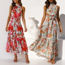 Fashion Floral Printed Mock Neck Pleated Self-tie Tiered Maxi Dress