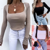 Fashion Solid Color Long Sleeve Square Neck Crop Top