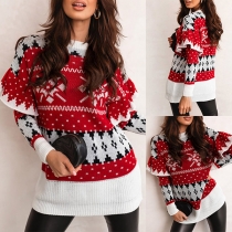 Fashion Ruffled Long Sleeve Round Neck Snowflake Pattern Christmas Sweater Dress