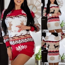Fashion Long Sleeve Round Neck Snowflake Elk Pattern Bodycon Christmas Sweater Dress