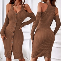 Sexy Solid Color Open Shoulder Long Sleeve Buttoned Ribbed Bodycon Dress