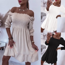 Fashion Solid Color Off-the-shoulder Smocked Elow Sleeve Mini Dress