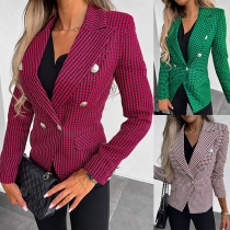 Fashion Houndstooth Printed Double Breasted Lapel Blazer