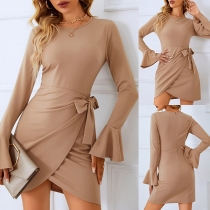 Fashion Solid Color Ruffled Long Sleeve Round Neck Self-tie Bowknot Irregular Hemline Dress