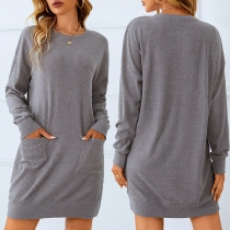 Casual Solid Color Round Neck Long Sleeve Knitted Ribbed Dress with Front Patch Pockets