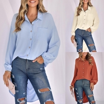 Fashion Solid Color Buttoned Stand Collar Long Sleeve High-low Hemline Shirt