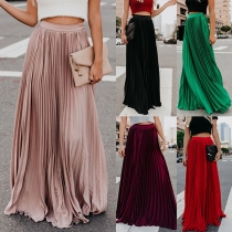 Fashion Solid Color Mid-rise Pleated Maxi Skirt