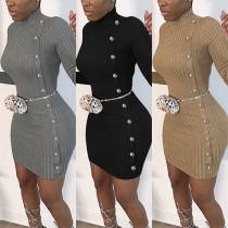 Fashion Solid Color Mock Neck Long Sleeve Buttoned Knitted Bodycon Dress