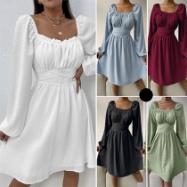 Elegant Solid Color Long Sleeve Square Neck Ruched High-waist A-line Dress