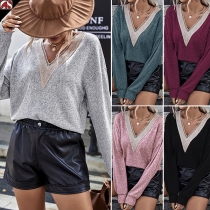Casual Lace Spliced V-neck Long Sleeve Shirt