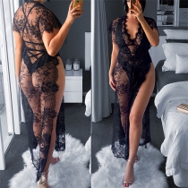Sexy See-through Lace V-neck Short Sleeve High Slit Lingerie Dress