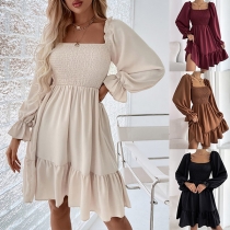 Elegant Solid Color Ruffled Square Neck Long Sleeve Smocked Tiered Dress