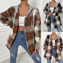 Casual Contrast Color Checkered Hooded Jacket