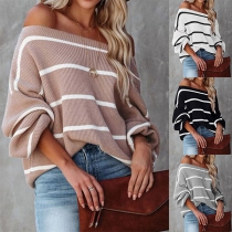 Casual Sexy Contrast Color Stripe Pattern Off-the-shoulder Lantern Sleeve Knitted Sweater