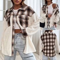 Fashion Contrast Color Checkered Stand Collar Long Sleeve Plush Jacket