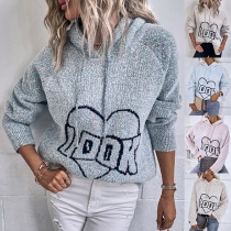 Casual Long Sleeve Heart Letter Printed Drawstring Hooded Sweater