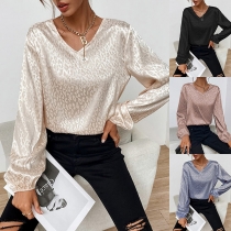Fashion Leopard Printed V-neck Long Sleeve Shirt