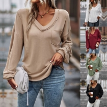 Casual Solid Color V-neck Long Sleeve Basic Shirt
