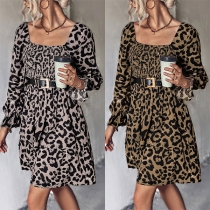 Fashion Leopard Printed Square Neck Long Sleeve Smocked Mini Dress