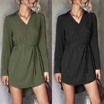 Fashion Solid Color Buttoned Long Sleeve Green Shirt Dress