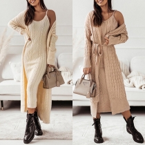Fashion Solid Color Two-piece Set Consist of Knitted Cardigan and Ribbed Bodycon Dress