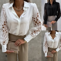 Fashion Solid Color Lace Spliced Long Sleeve V-neck Shirt