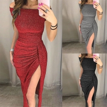 Sexy Bling Bling Solid Color Off-the-shoulder Short Sleeve Ruched Slit Party Dress