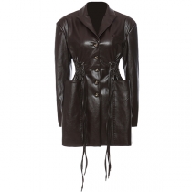 Vintage Stand Collar Long Sleeve  Drawstring Artificial Leather PU Jacket