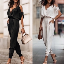 Fashion Solid Color V-neck Open-shoulder Smocked Waist Jumpsuit