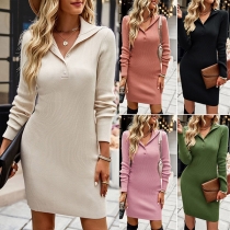 Fashion Solid Color Buttoned V-neck Hooded Knitted Dress