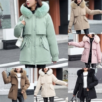 Fashion Artificial Fur Spliced Hooded Long Sleeve Padded Coat