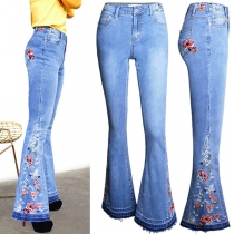 Vintage Old-washed Floral Embroidered Wide-leg Denim Jeans