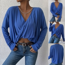 Casual V-neck Ruched Long Sleeve Crop Shirt with Bead Decoration