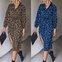 Fashion Leopard Printed V-neck Long Sleeve Self-tie Slit Dress