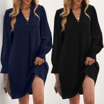 Casual Solid Color V-neck Long Sleeve Loose Dress