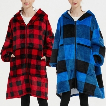 Fashion Checkered Long Sleeve Front-pocket Lamb Fleece Spliced Flannel Huggle Jacket Oversized Wearable Hoodie TV Blanket for Women