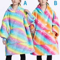 Fashion Rainbow Printed Hooded Front Pocket  Lamb Fleece Spliced Flannel Wearable Blanket Huggle Hoodie for Children