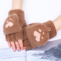Winter Plush Cute Heart Printed Convertible Fingerless Knit Mitten Gloves