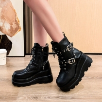 Platform Chunky Heel Front Lace-Up Metal Square Buckle Booties