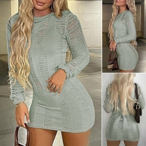 Sexy Solid Color Hollow Out Round Neck Long Sleeve Bodycon Knitted Dress